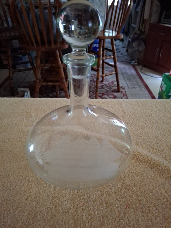  Flared Bottom Whiskey Decanter  Clear Glass With Ship Etching 