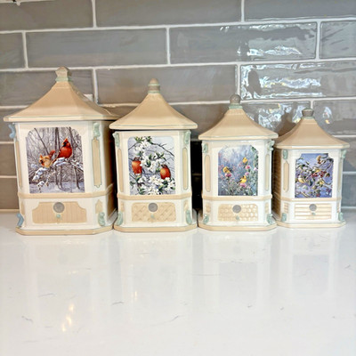 RARE Danbury Mint Songbird Canister Collection Set of 4 Bird Floral Ceramic Jars