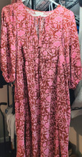 Universal Thread Floral Midi Dress Pink Brown 3/4 Puff Sleeve Cotton M