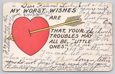 Postcard Art Heart with Arrow Worst Wishes are You Have Little Trouble c1906 73L