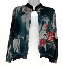 Citron Santa Monica Silk Open Front Cardigan Layered Butterfly Black (Petite L)