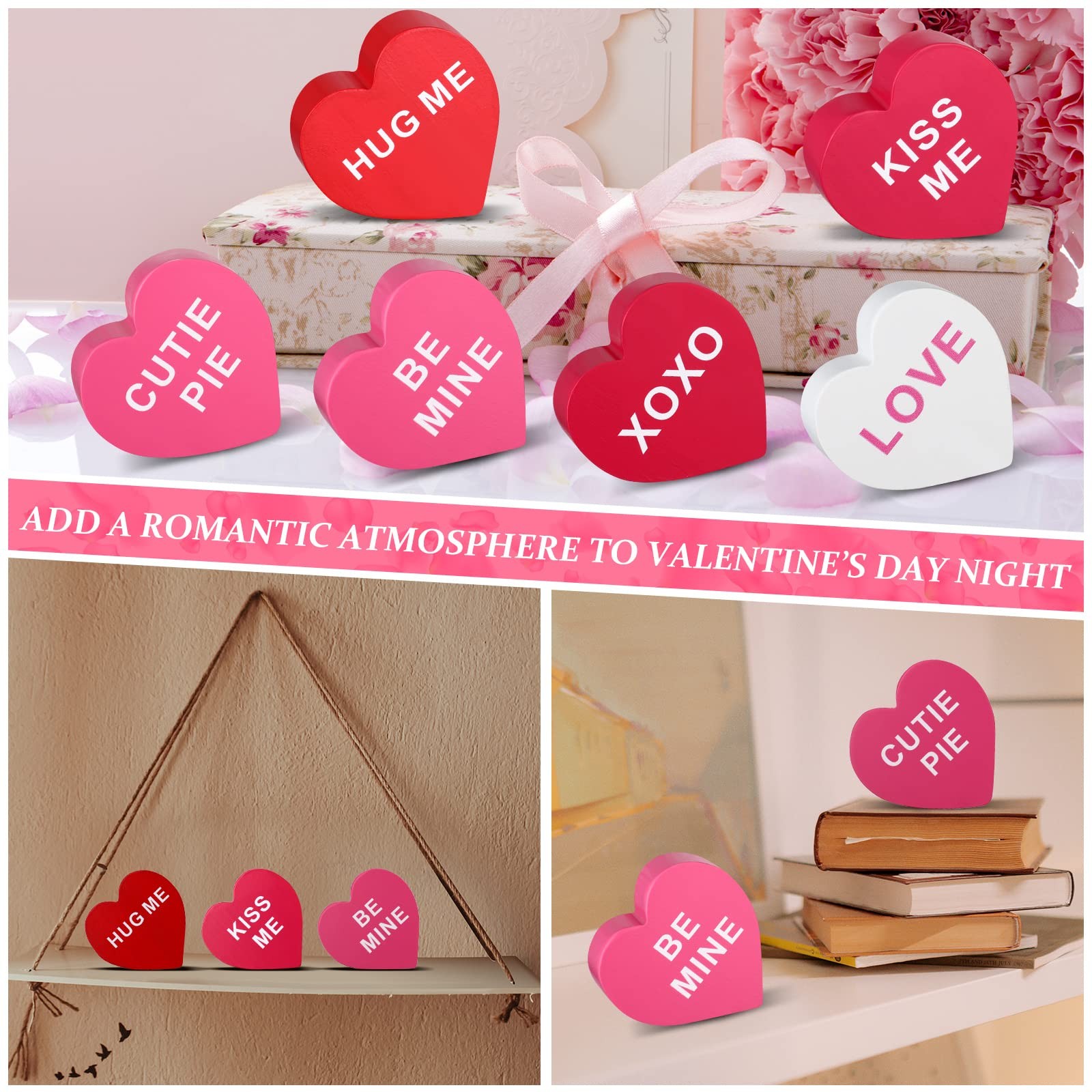 6 Pcs Valentine's Day Decorations Wooden Heart Home Decor Conversation Signs ... thumbnail 6