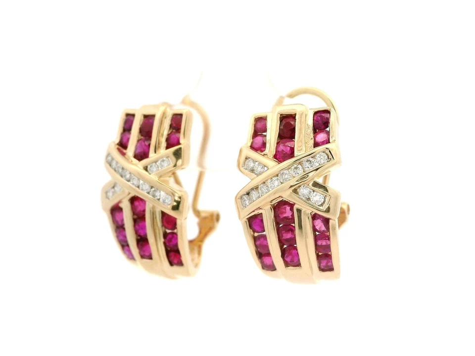 14k Yellow Gold Vivid Ruby & Diamond X Design Cuff Omega Clip On Earrings - Image 3 of 4