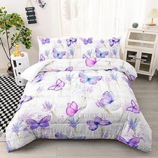 Butterfly Comforter Set Twin Size for Girls Kids Adults Lavender Flowers