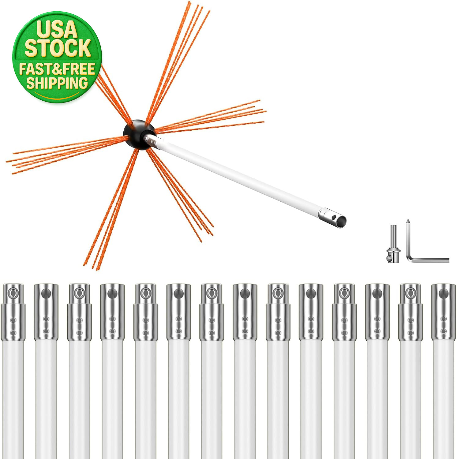 Chimney Sweep Kit 20FT Nylon Flexible Rods Rotary Drill Drive Brush 14 Rods