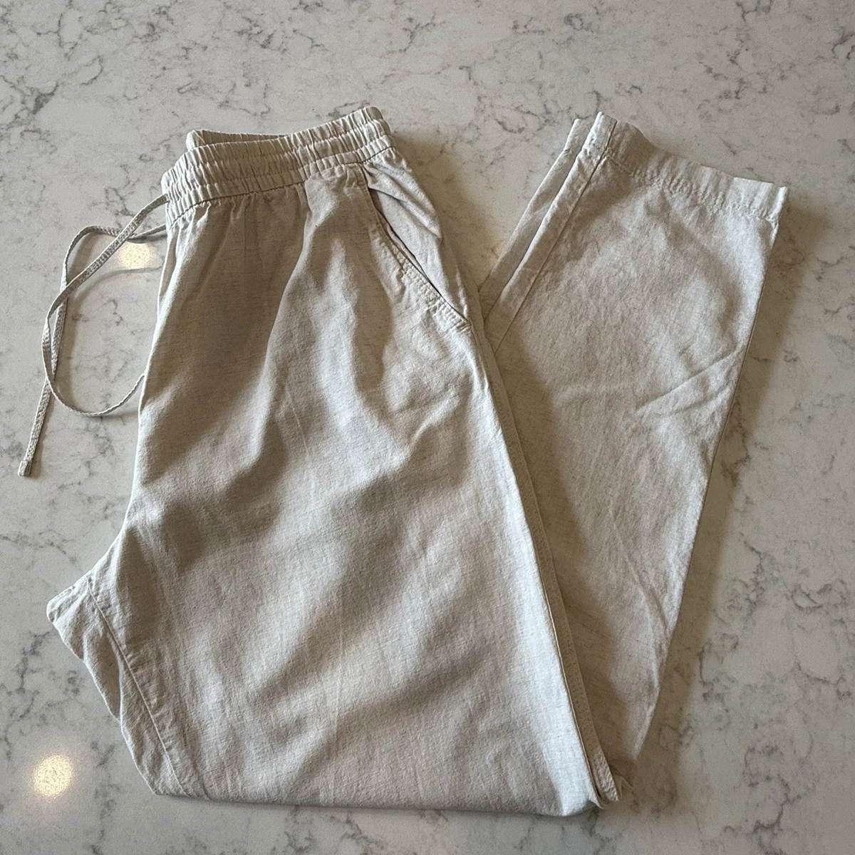 Pantalones de chándal H&M de lino y algodón con cordón cónicos para mujer M beige natural
