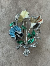 Vintage Exquisite Floral Enamel Brooch  Blue, Yellow, Green, Marcarsite (1960s)