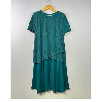 Vintage AFTER DARK Teal Pleated Layered Midi Dress Short Sleeve
