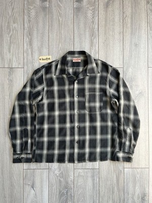 Sugarcane Towncraft Rayon Ombre Check Plaid Open Loop Collar Shirt 50s 60s