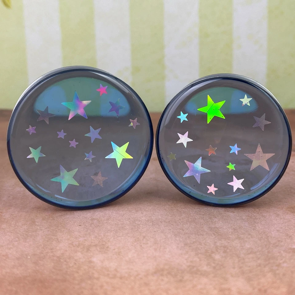 Pair of Blue Resin with Holographic Stars Plugs (EMB-013) gauges Choose Size - Image 3 of 4