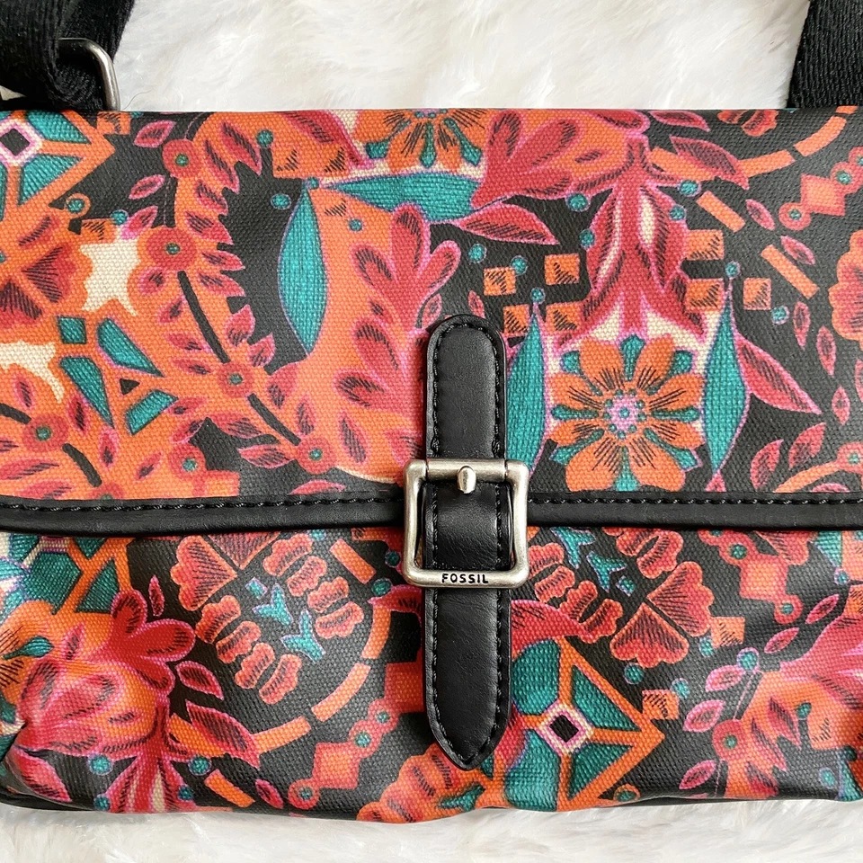 Bolso Bandolera Fossil Tropical Floral Lona Recubierta Rosa Multicolor Delgado Hipster Foto 2 de 4
