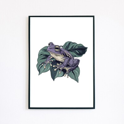 Niedlicher Stier Frosch tropische Pflanze botanische Illustration 7x5 Wanddeko Kunstdruck 