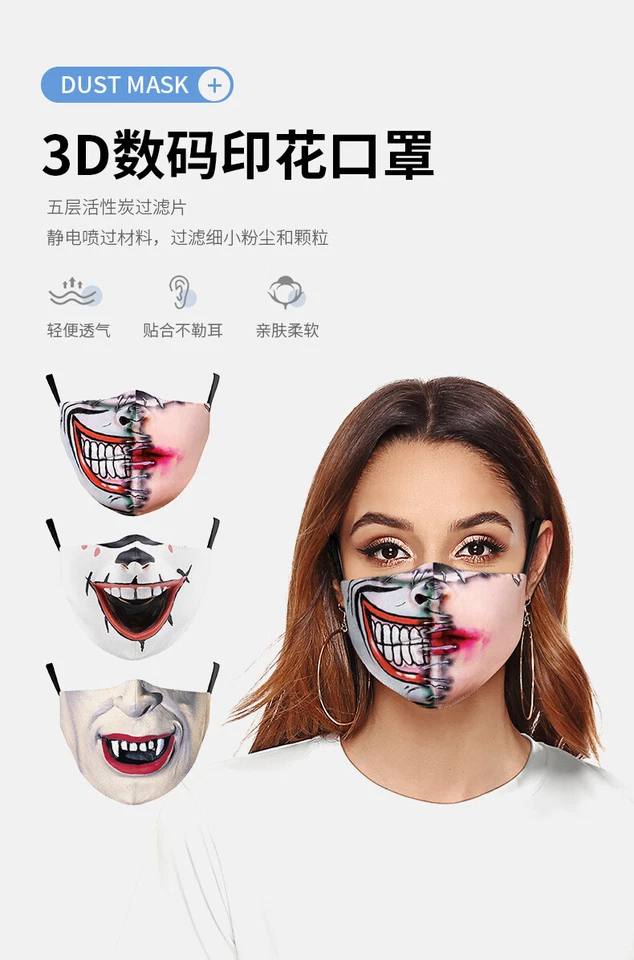 Adult Unisex Adjustable Horror Monster Mouth Face Masks Protective 3D Facemasks - Image 2 of 4