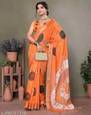 New Linen Cotton Sari With Unstitched Blouse Piece Party Wedding Wear For Women