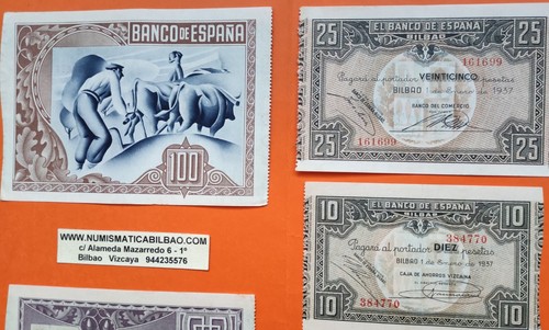 @NUMISMATICA BILBAO@ 5 Billetes x 5+10+25+50+100 PESETAS 1937 España EUSKADI R/7 - Picture 7 of 8