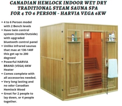 4 6 Person HUGE Canadian Hemlock Wet Dry Traditional Steam Sauna Indoor SPA NEW