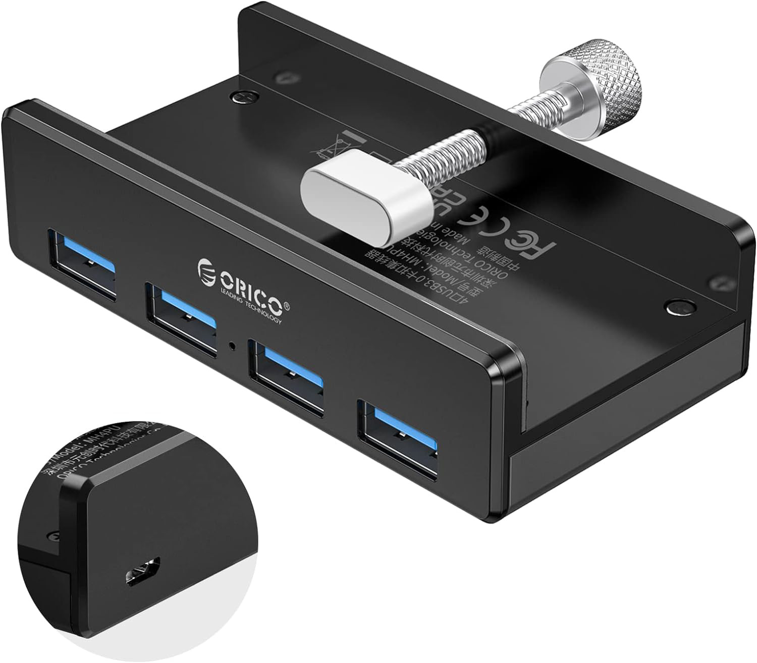 ORICO USB 3.0 Clamp Hub, Aluminum 4-Port USB Hub 3.0 with Extra Power Supply Por