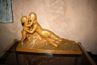 Joseph d'Aste XIX groupe TERRE CUITE D'ART Femme et l'enfant sculpture L:50cm * - Photo 1/4
