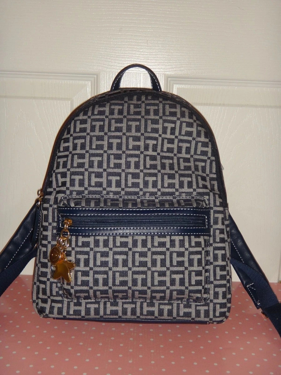 TOMMY HILFIGER Women Signature Backpack Navy Blue Canvas Faux Leather Gold Charm