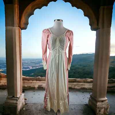 Vtg Gunne Sax Jessica Mcclintock Corset Dress Checker Red Ivory Prairie Cottage