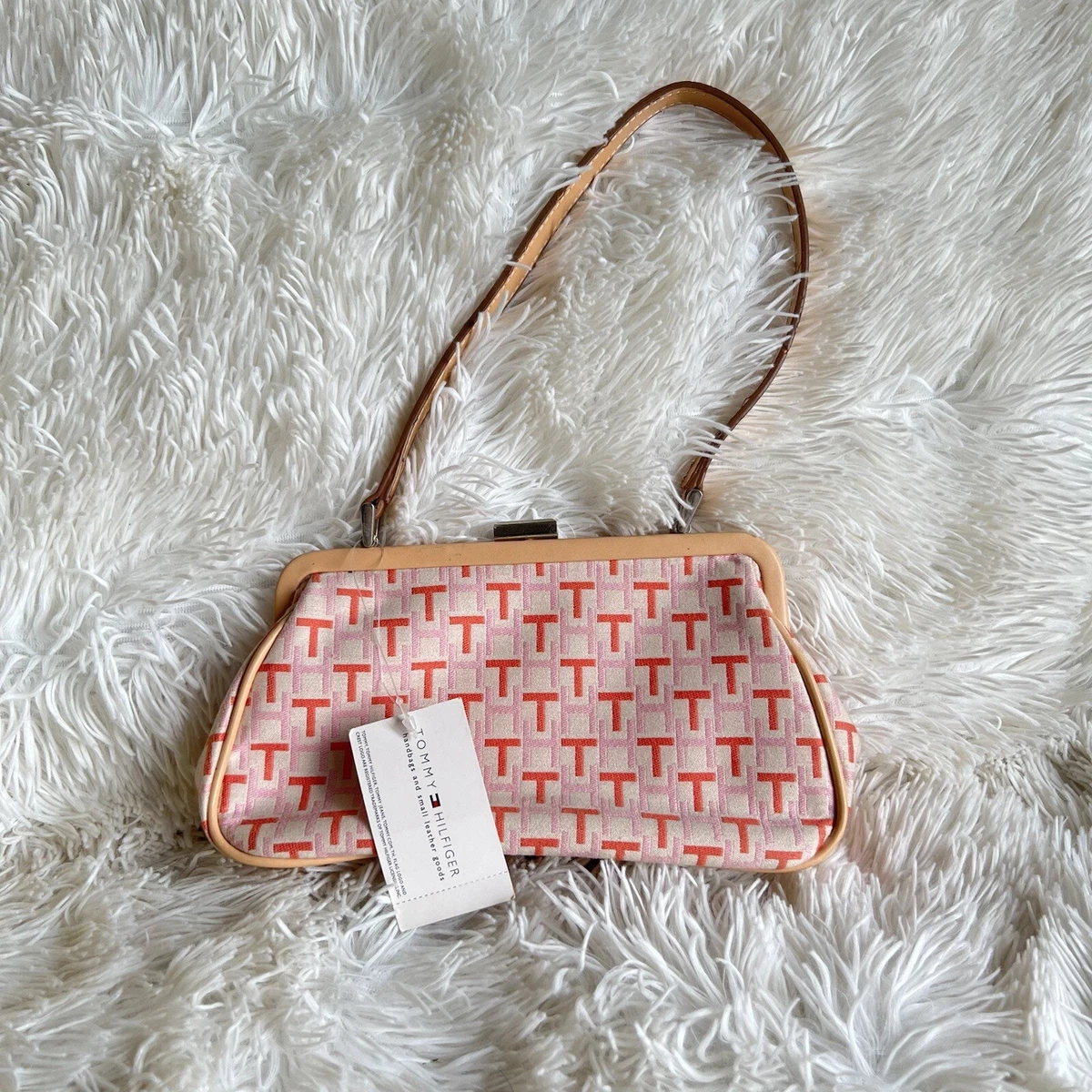 Vintage Tommy Hilfiger Womens Pink Beige Satchel Kiss Lock Small Handbag Purse