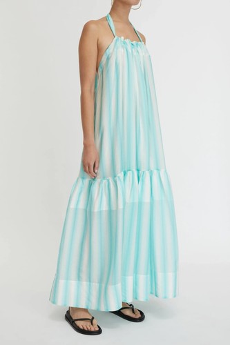 NWT LEE MATHEWS Noni Dress Mint Green Striped Maxi Halter XS GOOP