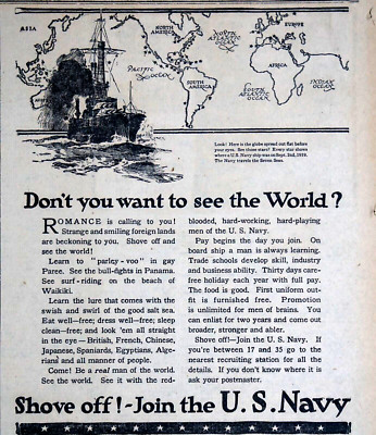 1919 Newspaper Page - U.S. Navy Recruiting Ad - Don't You Want to See The World?