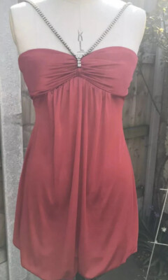 Y2K GRÖSSE 8 STRETCH SEIDIG SCHARLACHROT STRASS STRASS TRÄGER PUFF MINIKLEID