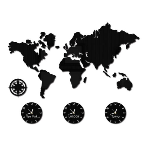 World Map Large Wall Clock New York London Tokyo Personalized Time Zone Wall Art - Picture 1 of 13