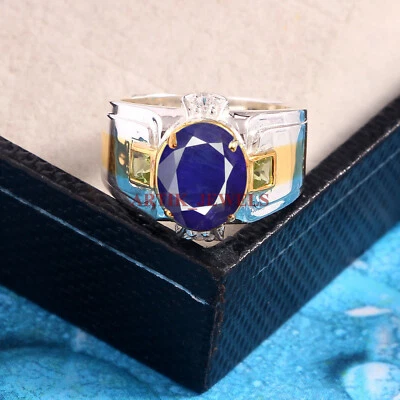 Bague Pour Homme En Argent Sterling 925 Avec Saphir Bleu Et Péridot #5789 - Photo 1/4