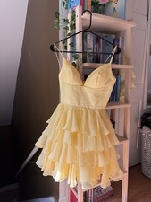 Sherri Hill Yellow Solid Mini Dress Size 4 V-Neck Strappy Tiered Ruffle