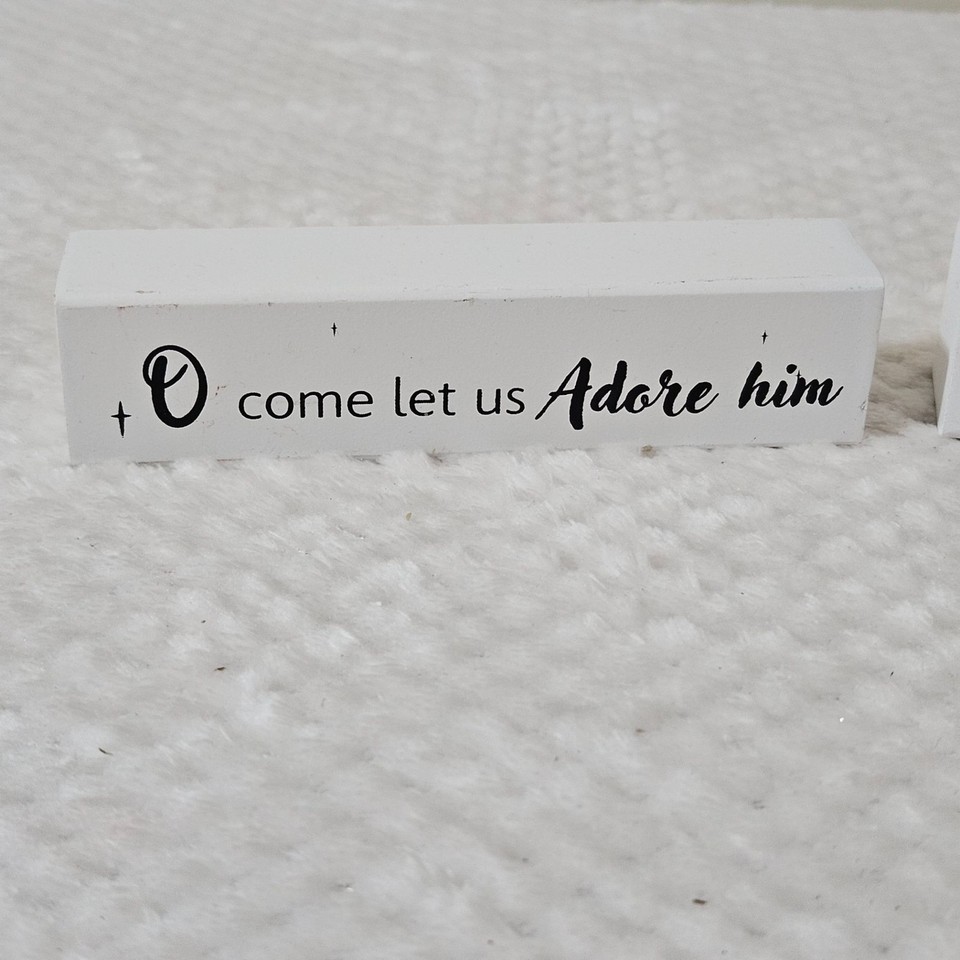 Used Wood Sign 3 Pc White Wood Nativity Block Sign Stack O Come Let Us Adore Him ...