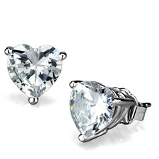 Women's Heart Stud Earrings, Clear CZ, Rhodium Plated, Brass, Sparkling, Elegant