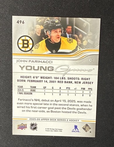 2025-26 Upper Deck Series 2 John Farinacci Young Guns - Bruins #496 | eBay