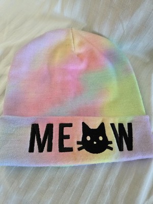 Tye Dyed Embroidered Meow Cat Kitten Knit Toboggan Winter Hat