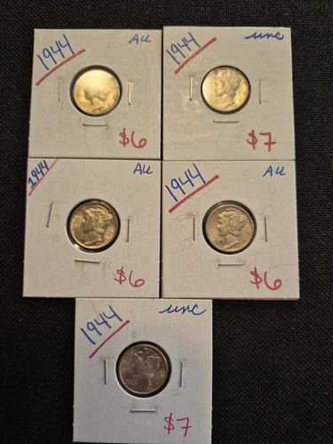 5 Beautiful AU/UNC 1944 Silver Mercury Dimes