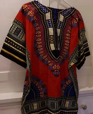 Dashiki XXL Red Blue Yellow Black Cotton Unisex Pockets