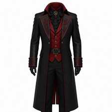 Men Victorian Gothic Vampire Leather Coat Red Embroidered Steampunk Trench Coat