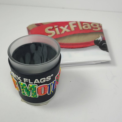 Six Flags Magic Mountain Black Shot Glass PVC Rubber Wrapped Embossed 50th Bag
