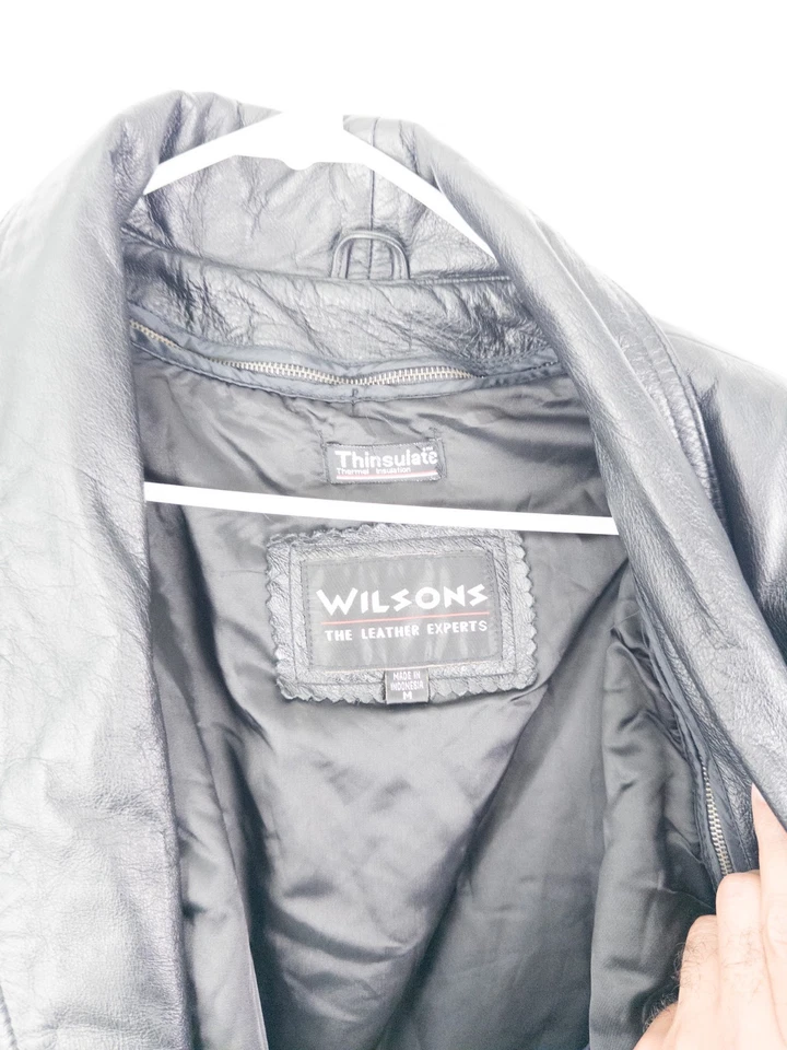 Wilsons 皮革 Thinsulate Trench Coat 男式黑色 M 实心按扣重口袋 — 第 4/4 张图片