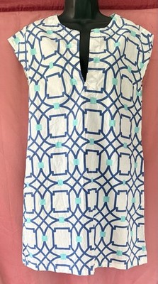 Three islands nantucket Women s M White Blue Green Geometric V-Neck Shift