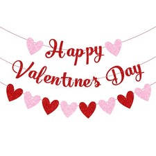 Red Glittery Happy Valentine's Day Banner and Red Pink Glittery Hearts Banner...