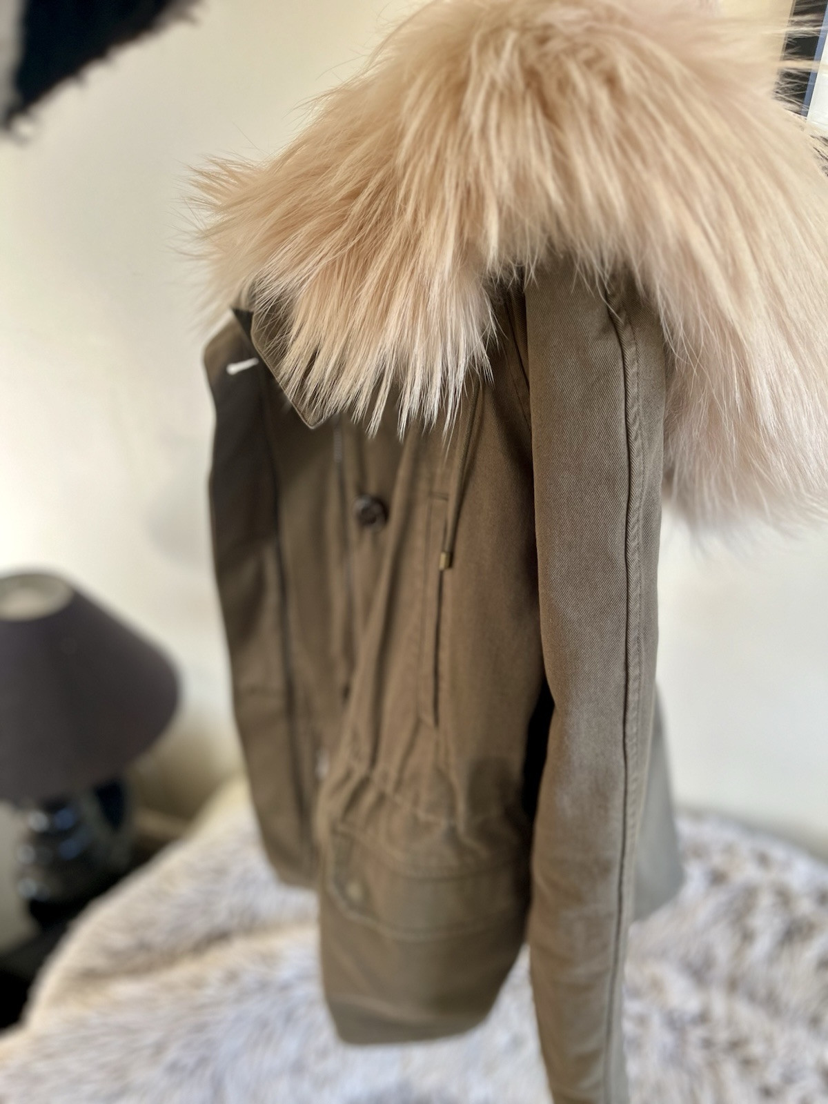 Splendido parka Yves Salomon ESERCITO 2 in 1 kaki foderato in pelliccia di coniglio FR38 UK10 12