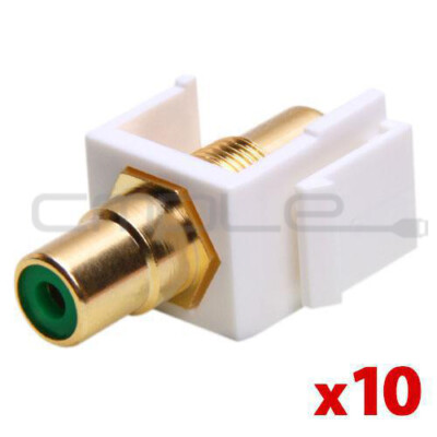 10x RCA Jack Green Audio Video Keystone Wall Plate Insert White Female Modular