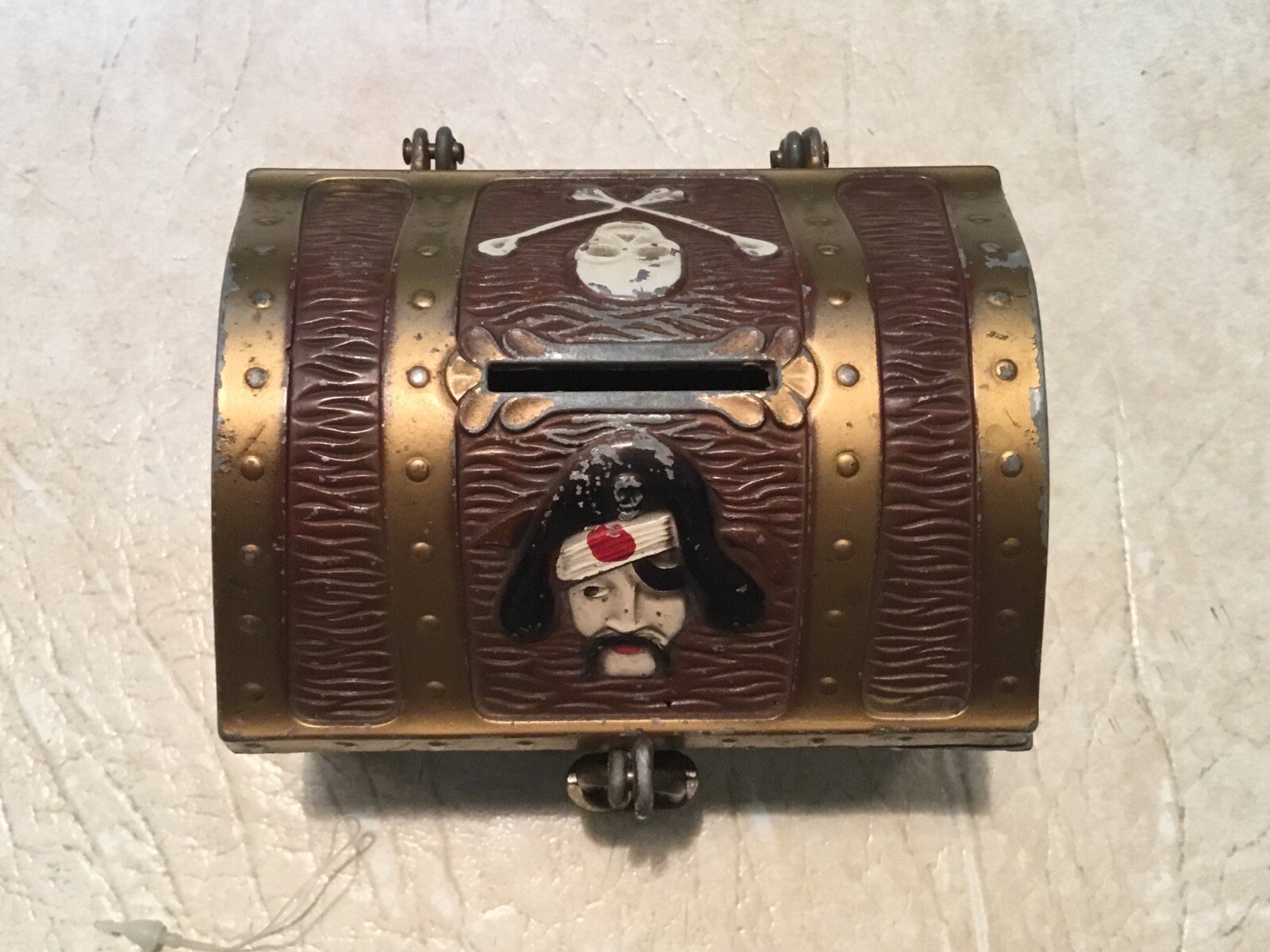Vintage Metal Pirate Treasure Chest Bank EJ Kahn & 1/4 Silver Coin