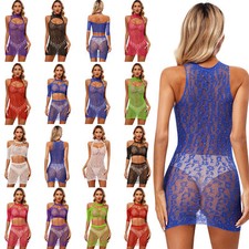 Women Skirt Babydolls Nightwear Shiny Dress Mini Outfits Cutout Clubwear Trim