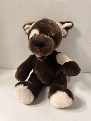 Build A Bear Dog Plush Puppy 15  Stuffed Animal Dark Brown White Spot Eye Patch