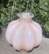Fenton Small Melon Boudoir Bottle Vase Vanity Pink Glass Clear Ruffle Edge