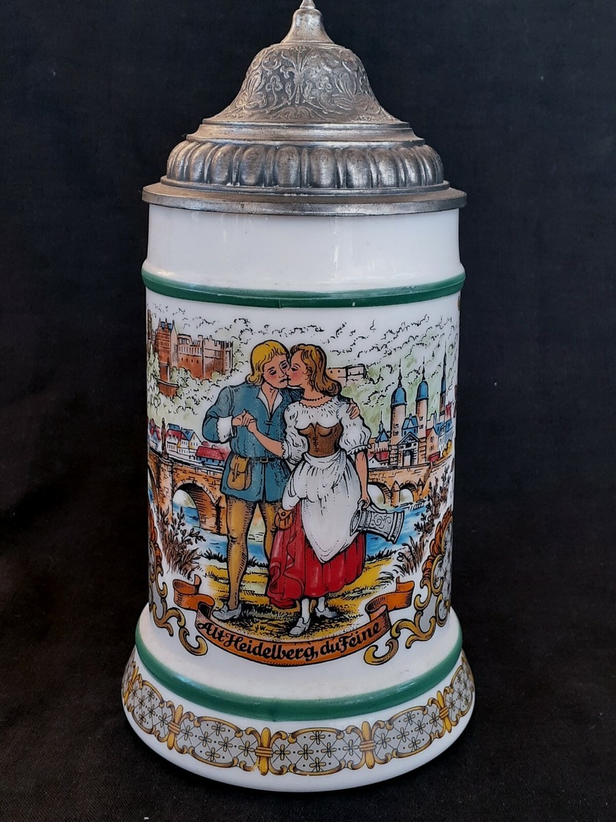 Vintage BMF milk glass German beer stein Bierkrug zinc lid 8.5