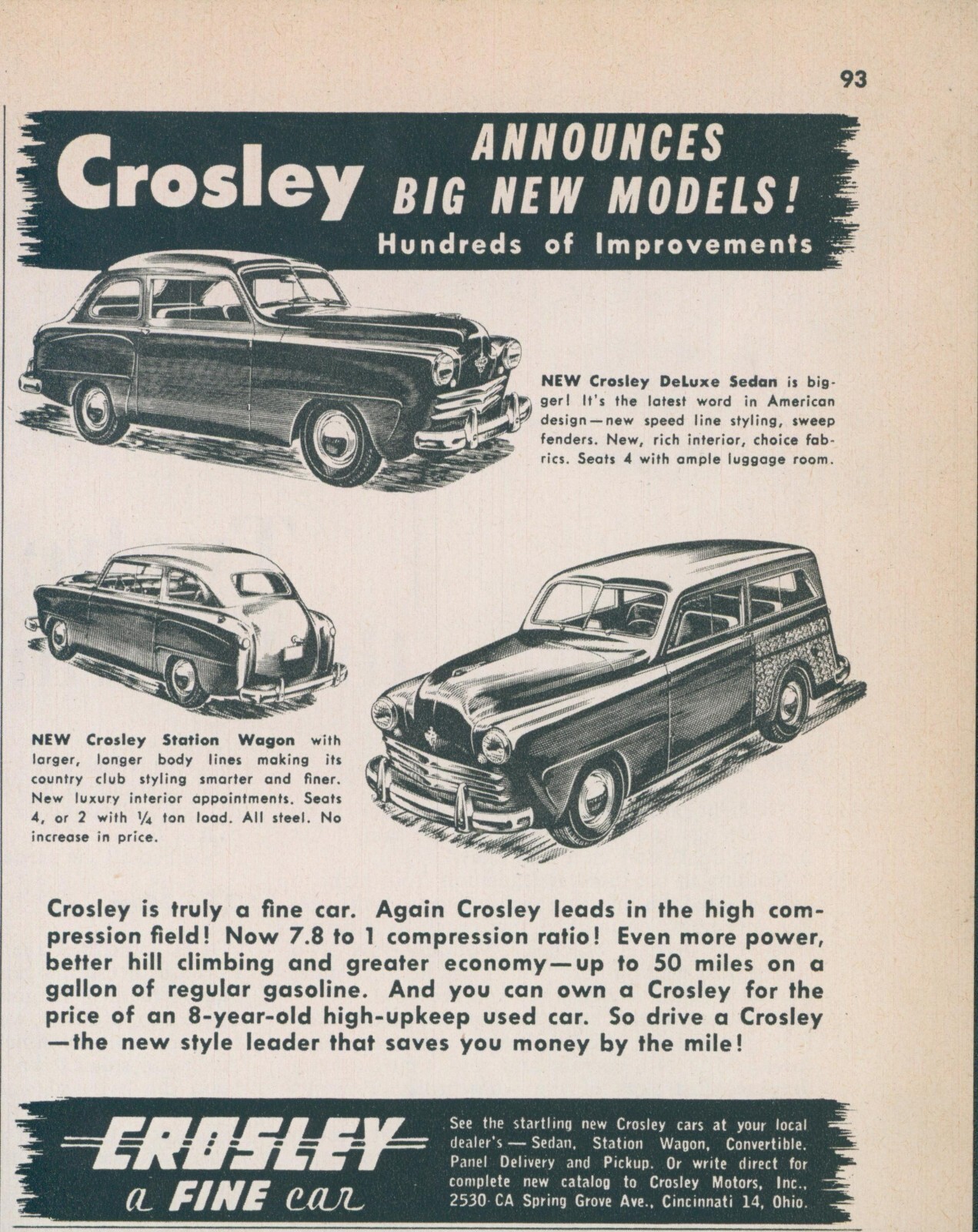 1948 Crosley DeLuxe Sedan Station Wagon Fine Car New Models Vintage Print Ad C5